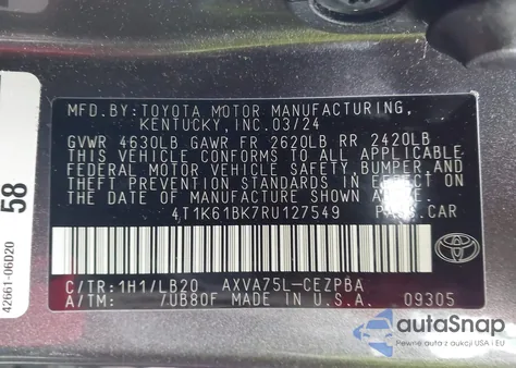 2024 Toyota Camry Xse from USA, damaged, VIN 4T1K61BK7RU127549